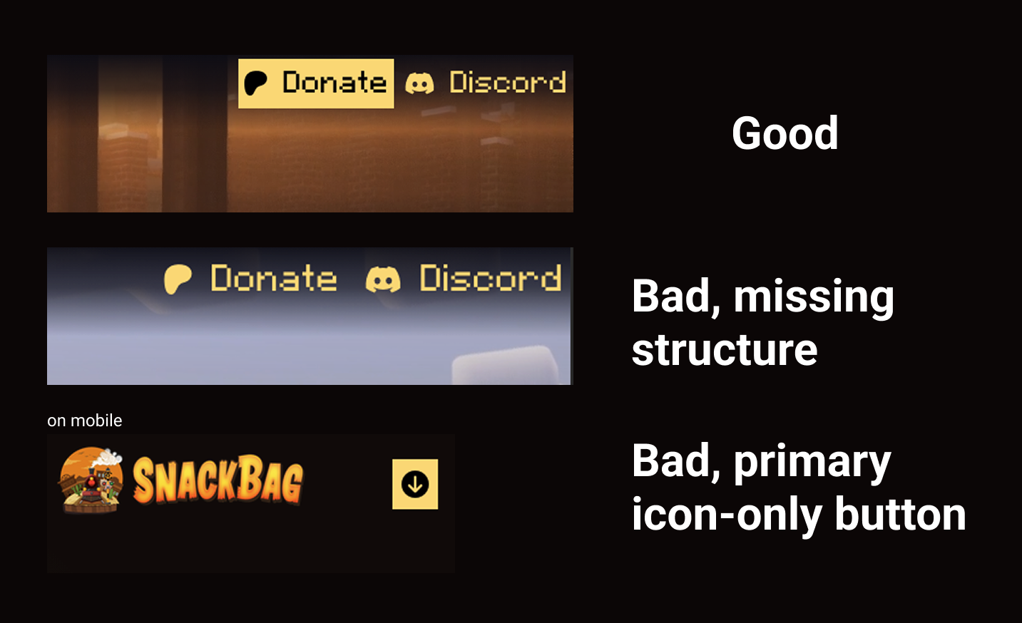 explaining interactions; good vs bad (missing structure) vs bad (primary icon-only)